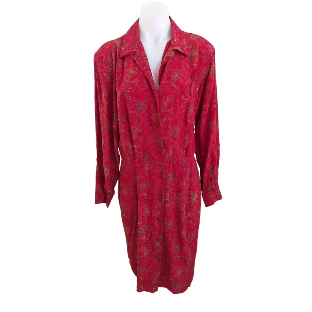 Vintage Lands' End Size 10 Red Paisley Shirt Dress Red Silk Buttons Long Sleeves